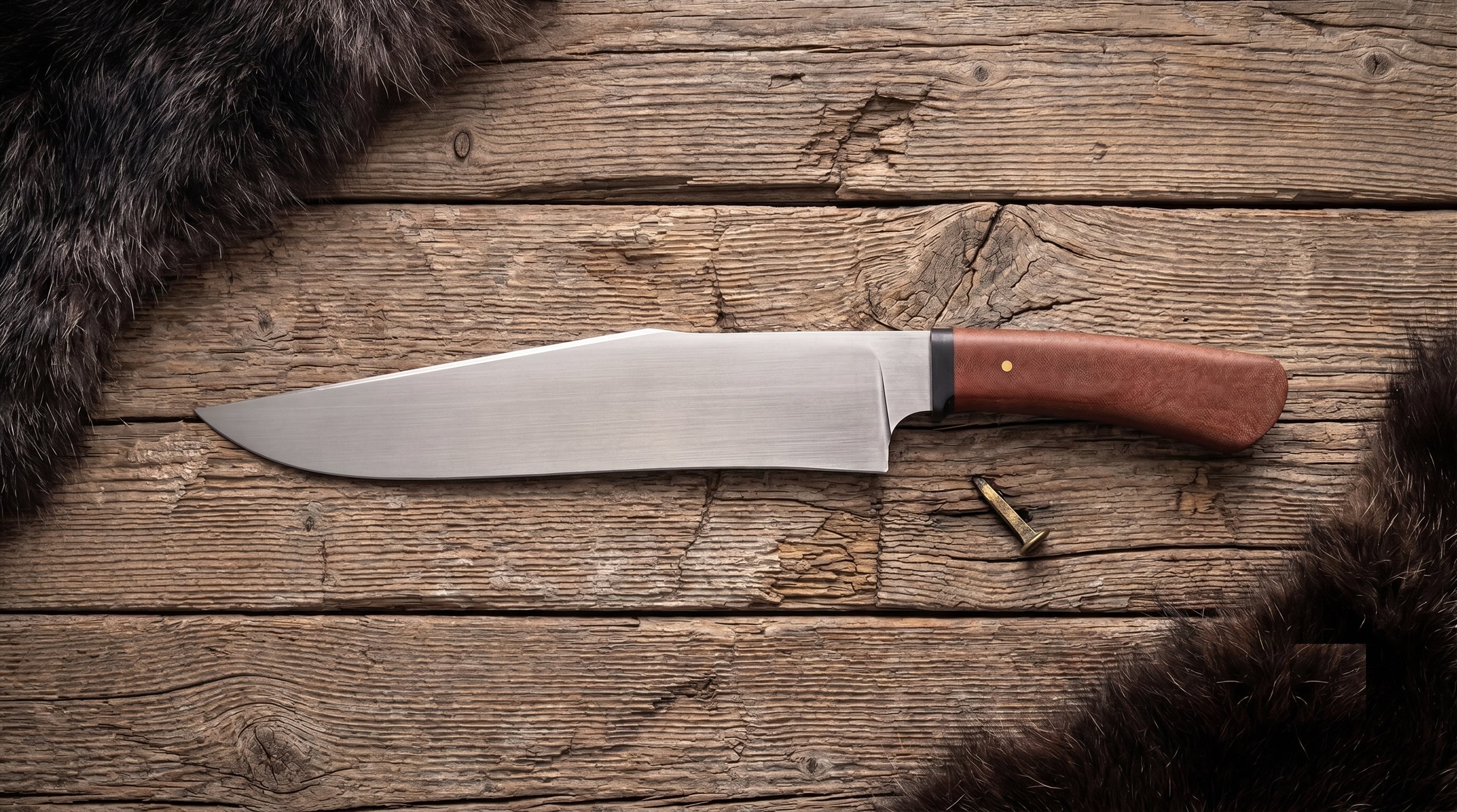 Big Camp Knife mit rotbraunem Griff auf Holztisch mit Fell